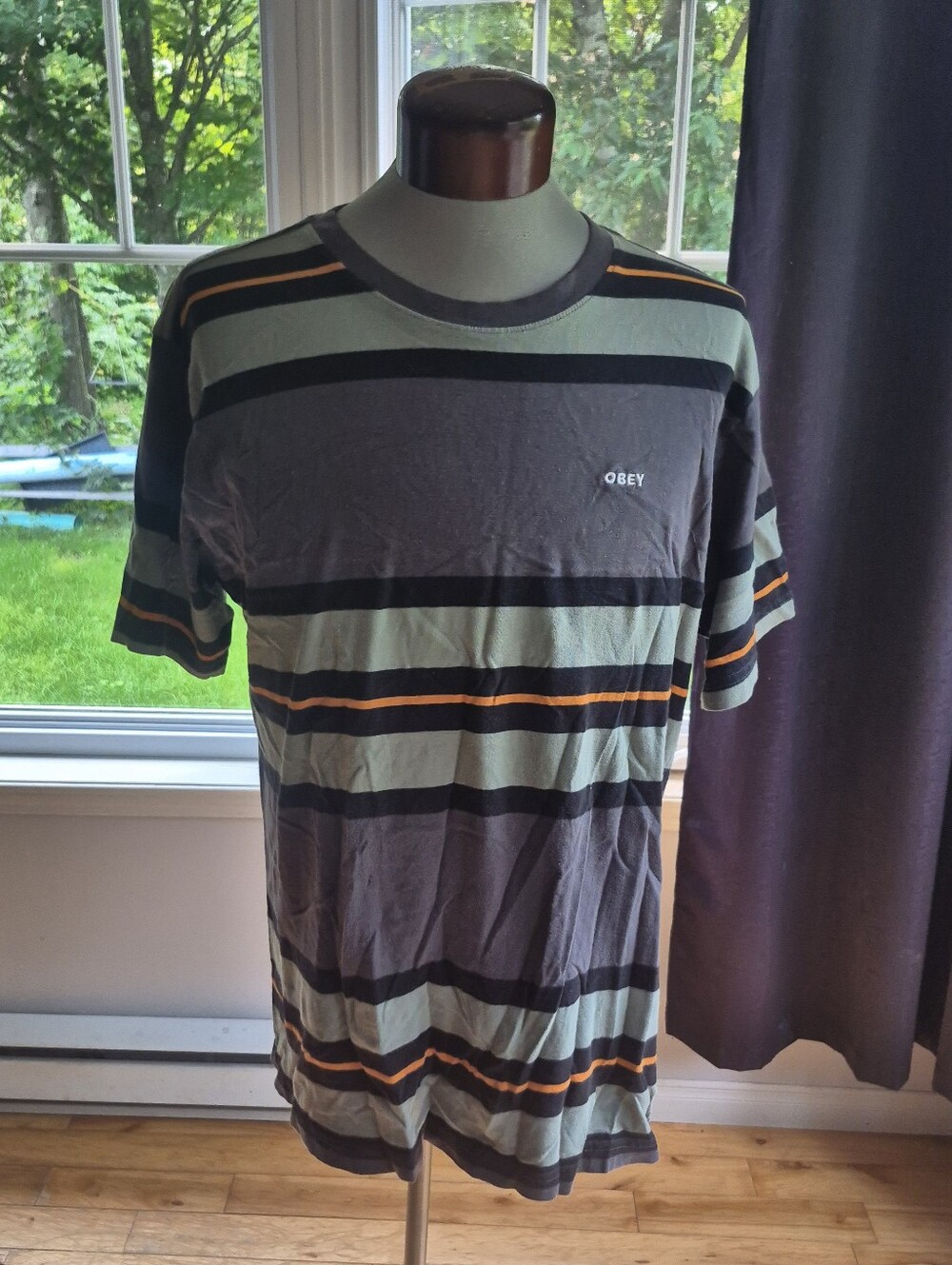 Obey Men's Olive, Black and Orange Striped Crewneck Tee